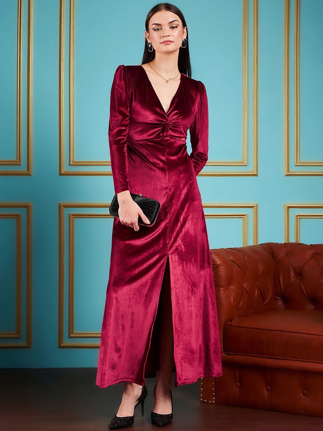 SASSAFRAS Maroon V-Neck Puff Sleeves Velvet Maxi Party Dress