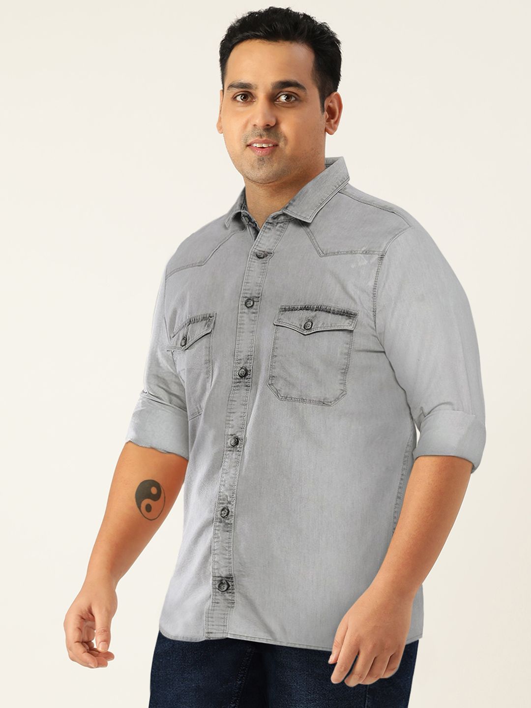 The Indian Garage Co Men Grey Slim Fit Faded Denim Casual Shirt