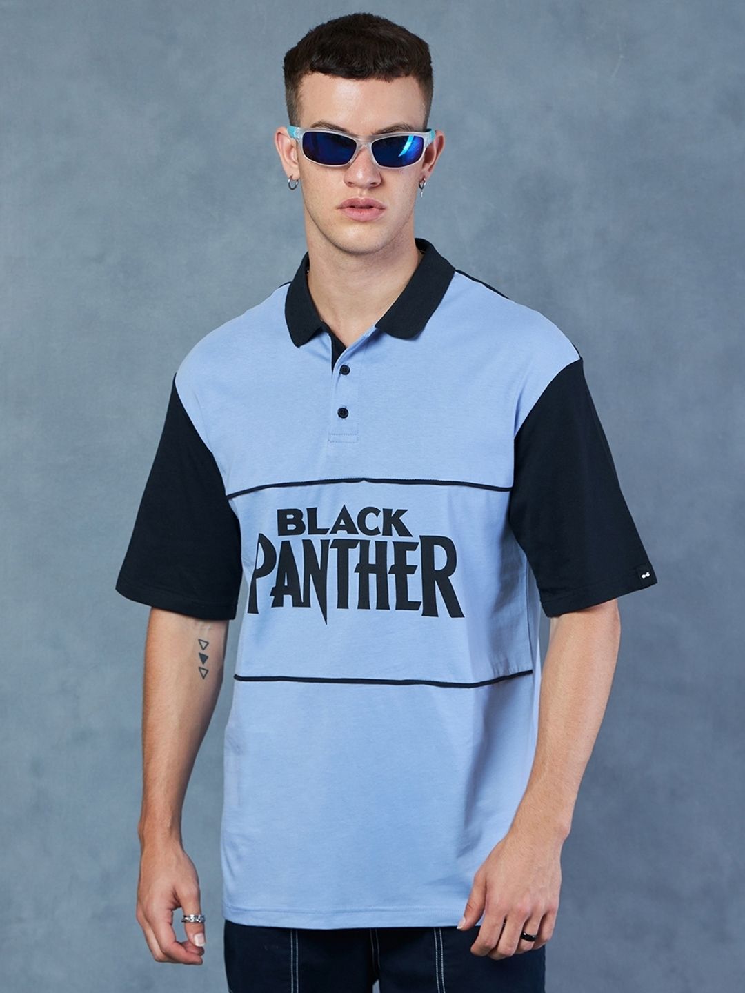 Bewakoof Black Panther Marvel Printed Polo Collar Oversized Cotton T-shirt
