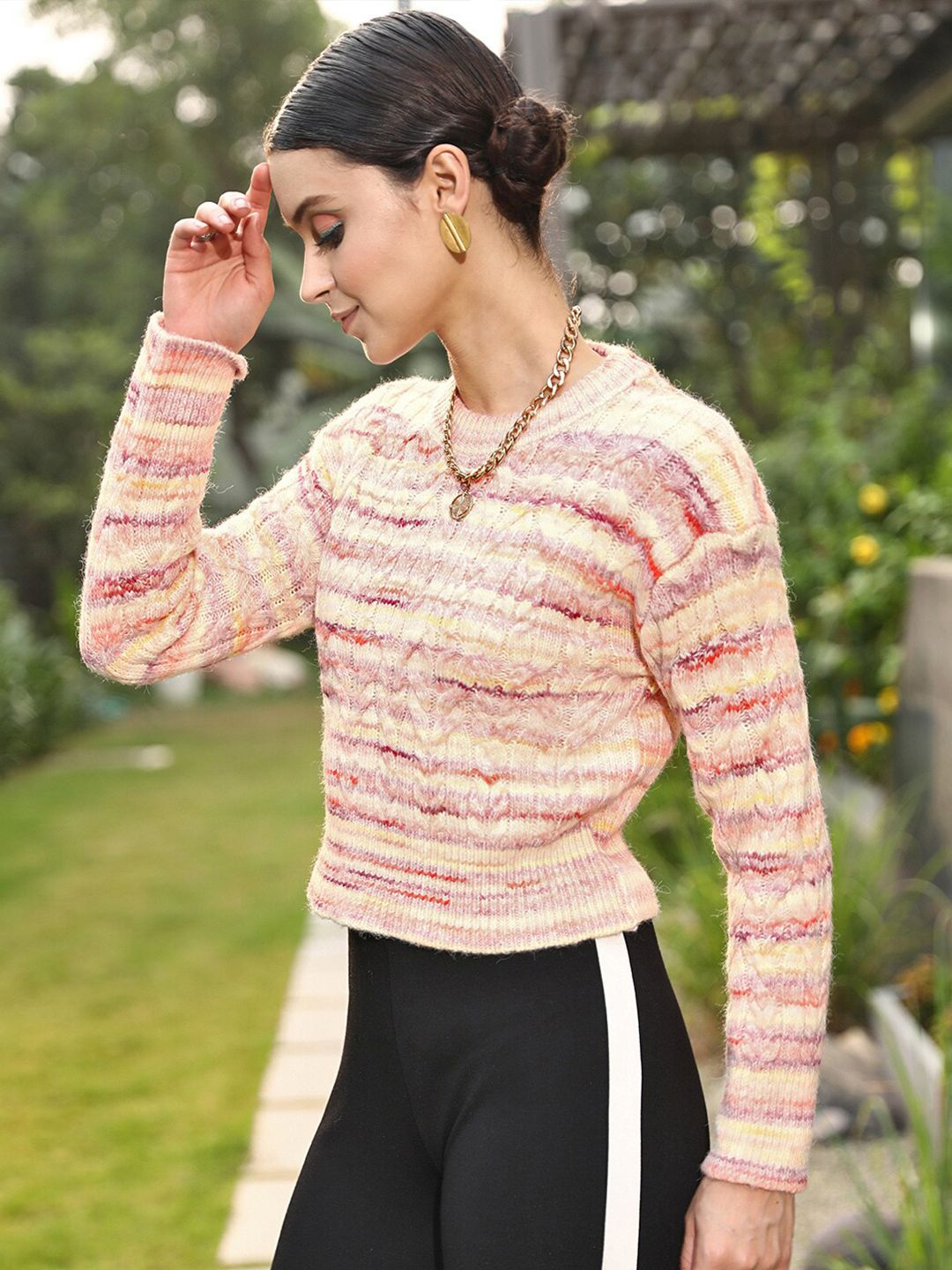 STREET 9 Women Gorgeous Cream Abstract Sweater