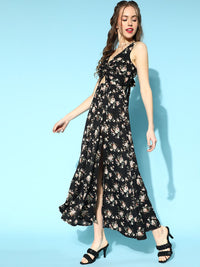 Berrylush Black & Pink Floral Print Crepe Maxi Dress