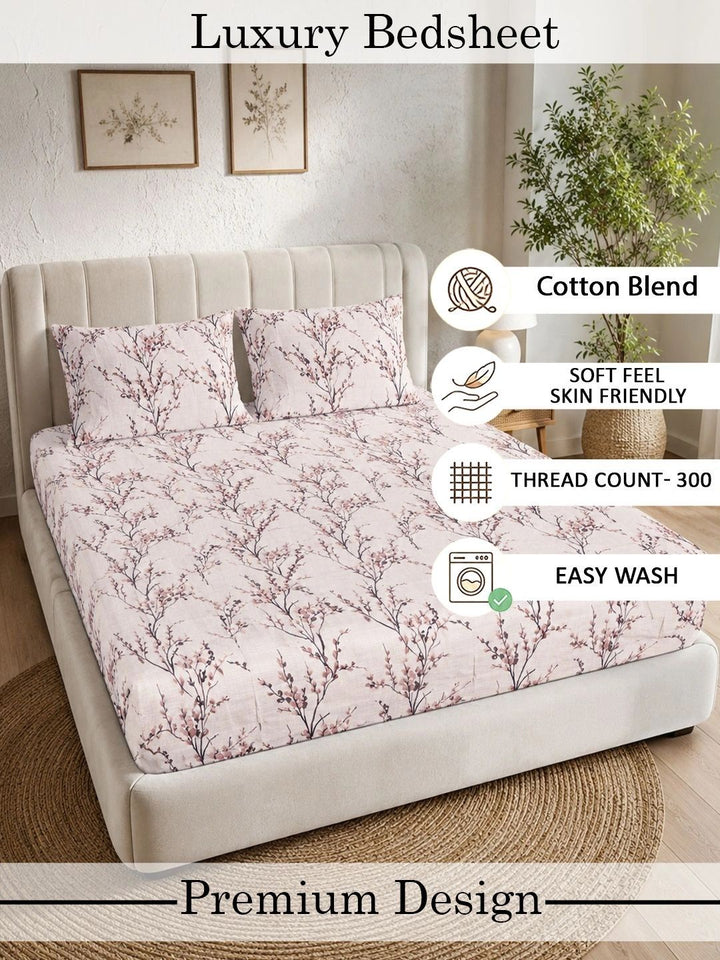 Myntra Elegant Homes Cream & Pink Floral 300 TC King Double Bedsheet dengan 2 Sarung Bantal