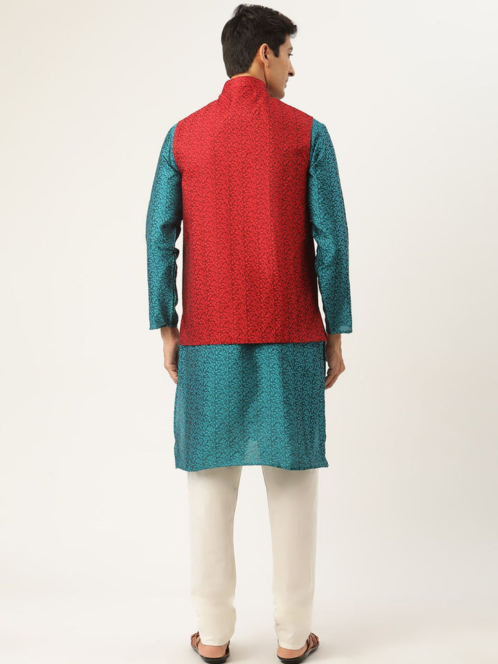 SOJANYA Men Teal Blue & Maroon Woven Design Kurta with Churidar & Nehru Jacket