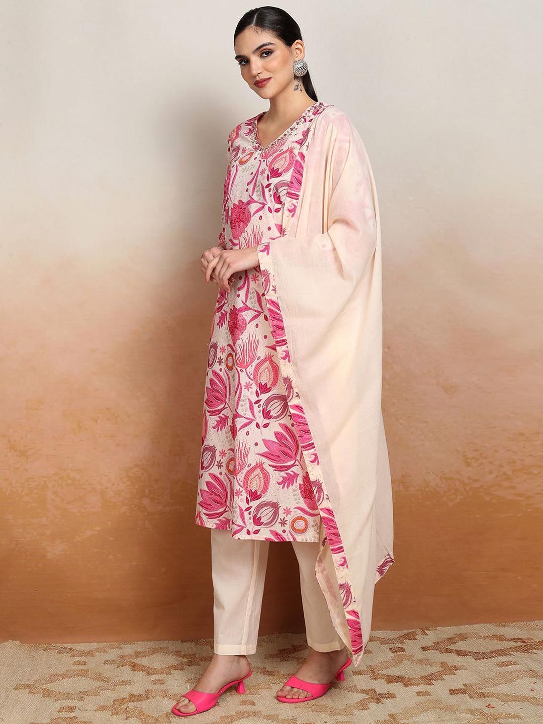 Vishudh Floral Printed Pure Cotton Straight Kurta & Trousers With Dupatta