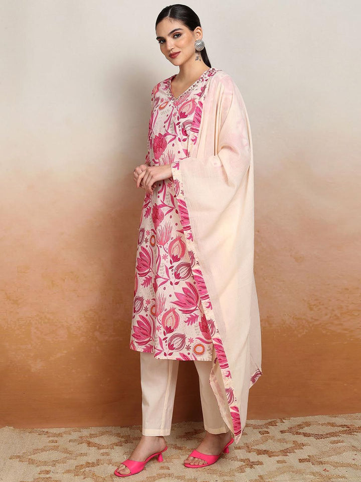 Vishudh Floral Printed Pure Cotton Straight Kurta & Trousers With Dupatta