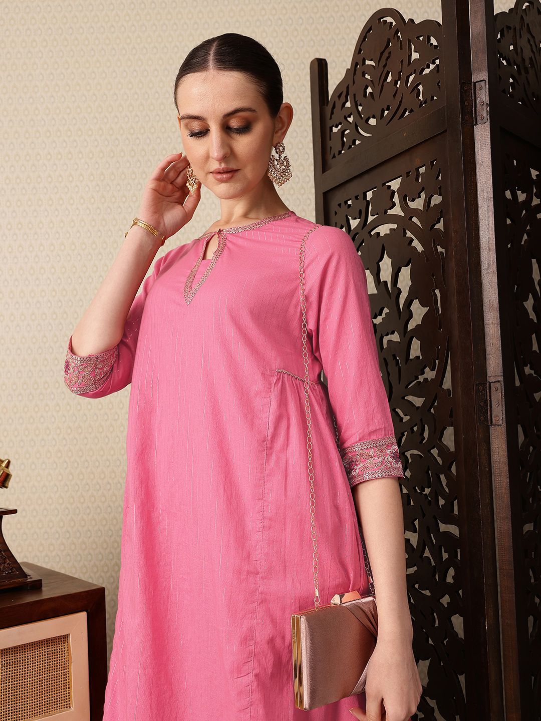 House of Pataudi Striped Keyhole Neck Sequinned A-Line Jashn Kurta