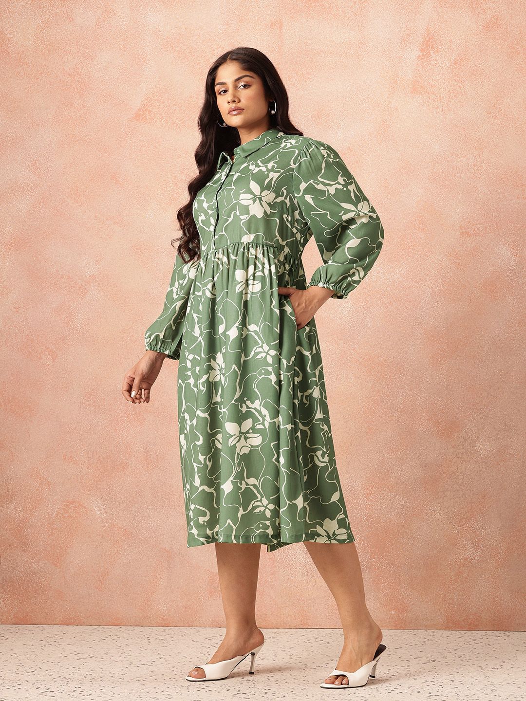 all about you Plus Size Floral Print Shirt Midi Dress