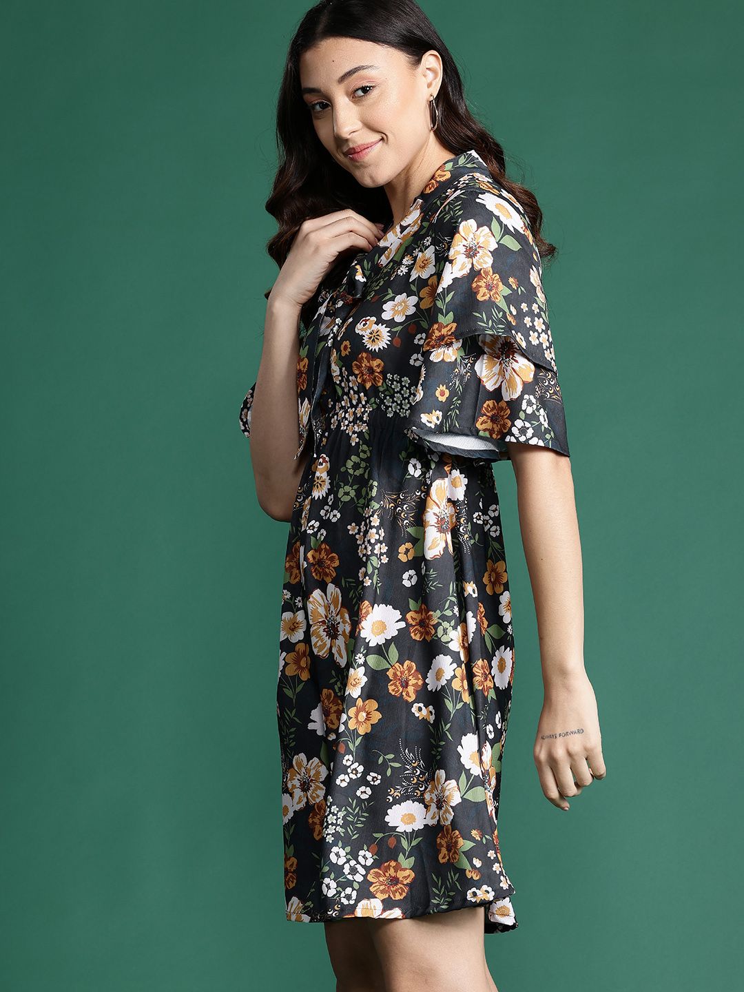 DressBerry Floral Print Flared Sleeve Mini Dress