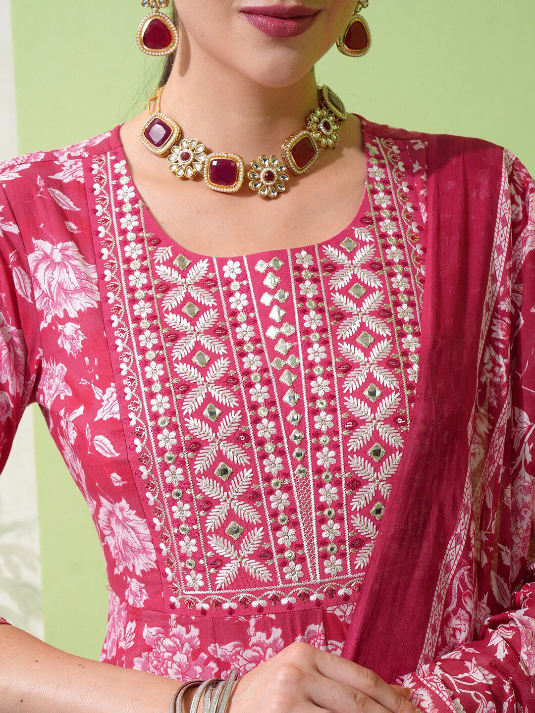 Vishudh Floral Printed Regular Thread Work Pure Cotton Kurta with Trousers & With Dupatta
