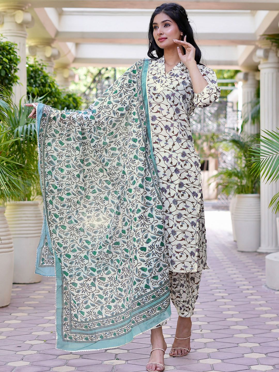 Libas Women White Floral Printed Pure Cotton Kurta with Salwar & With Dupatta
