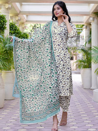 Libas Women White Floral Printed Pure Cotton Kurta with Salwar & With Dupatta
