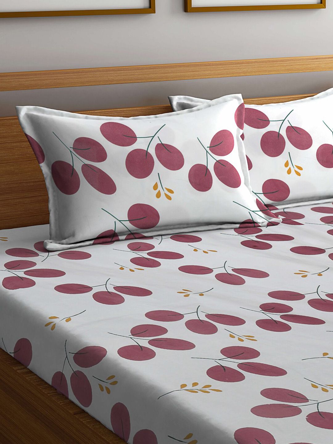 KLOTTHE White Floral Cotton 300 TC Fitted King Superfine Bedsheet dengan 2 Sarung Bantal-98 x 89 inci