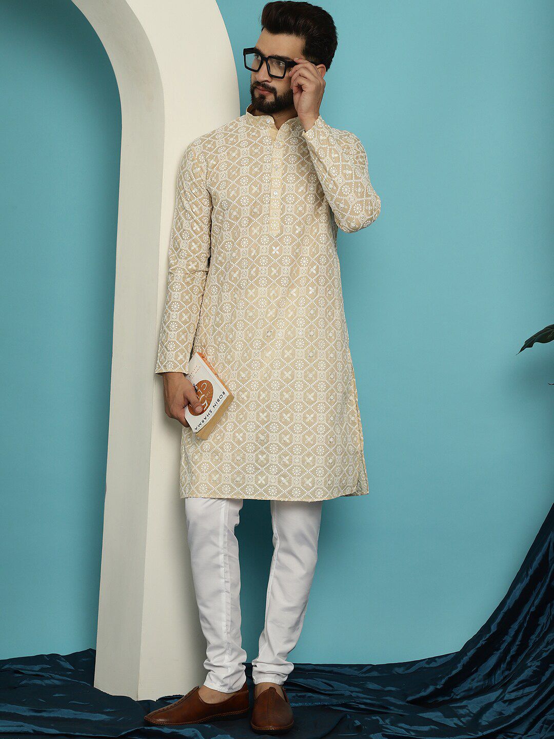 SOJANYA Motif Etnik Sulam Kurta Kapas Tulen dengan Churidar