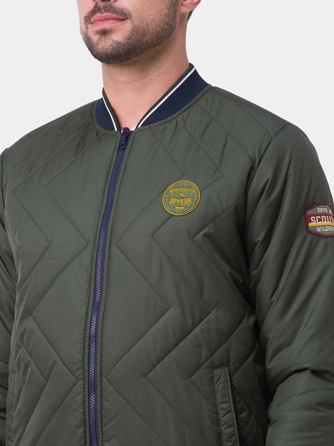 SPYKAR Men Blue Striped Bomber with Patchwork Jacket
