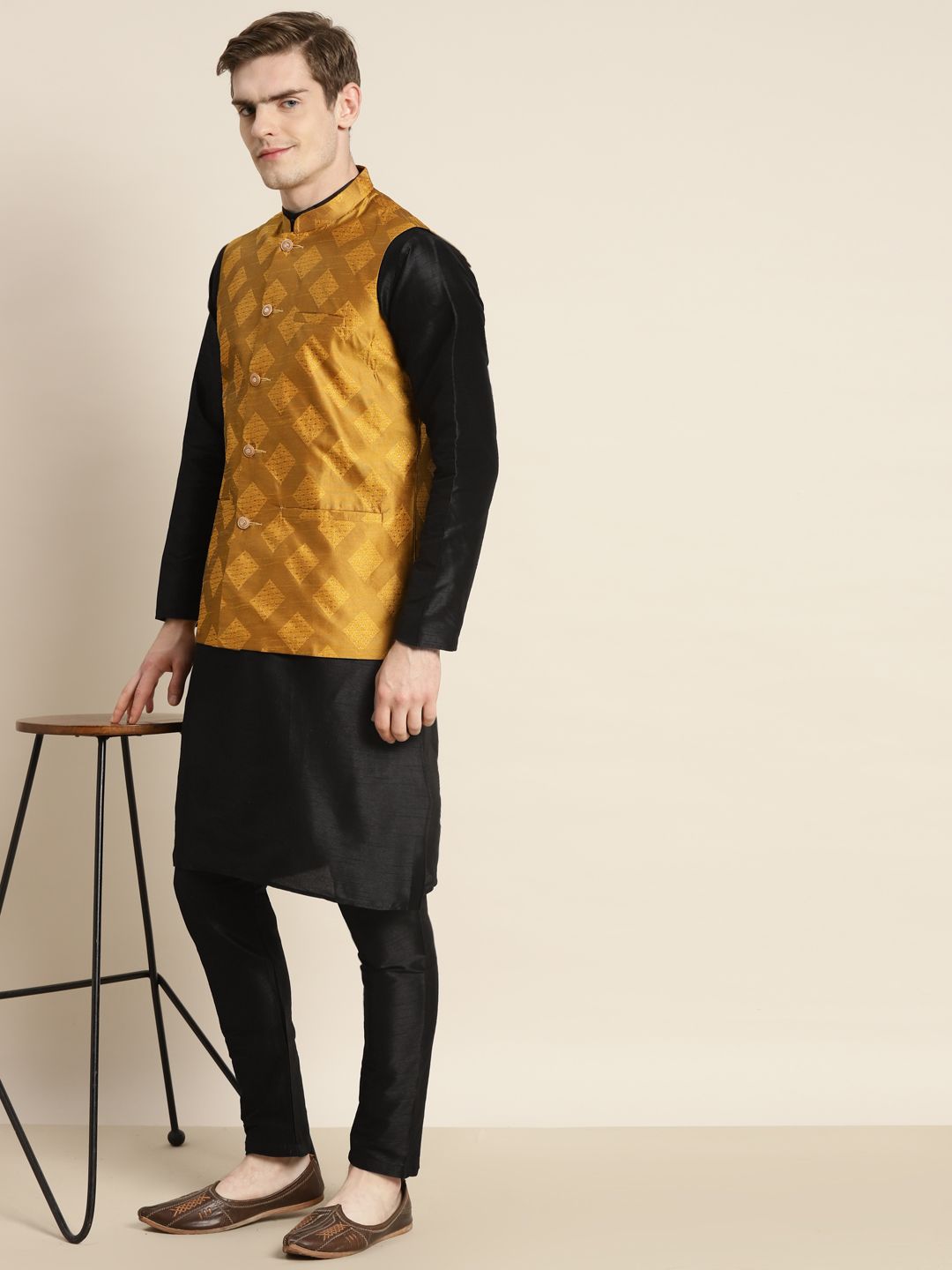 SOJANYA Men Ethnic Motifs Woven Design Silk Blend Kurta & Churidar with Nehru Jacket