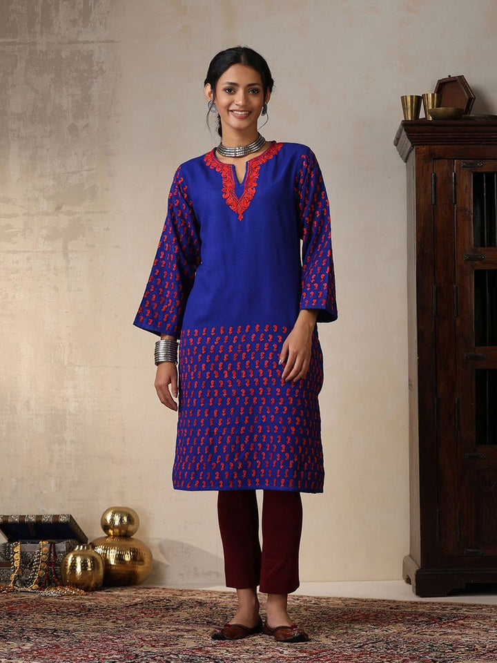 House of Chikankari Women Royal Blue Woollen Aari Embroidered Kurta