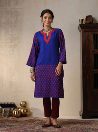 House of Chikankari Women Royal Blue Woollen Aari Embroidered Kurta