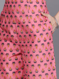Libas Women Pink Floral Printed Panelled Pure Cotton Kurta with Palazzos & With Dupatta