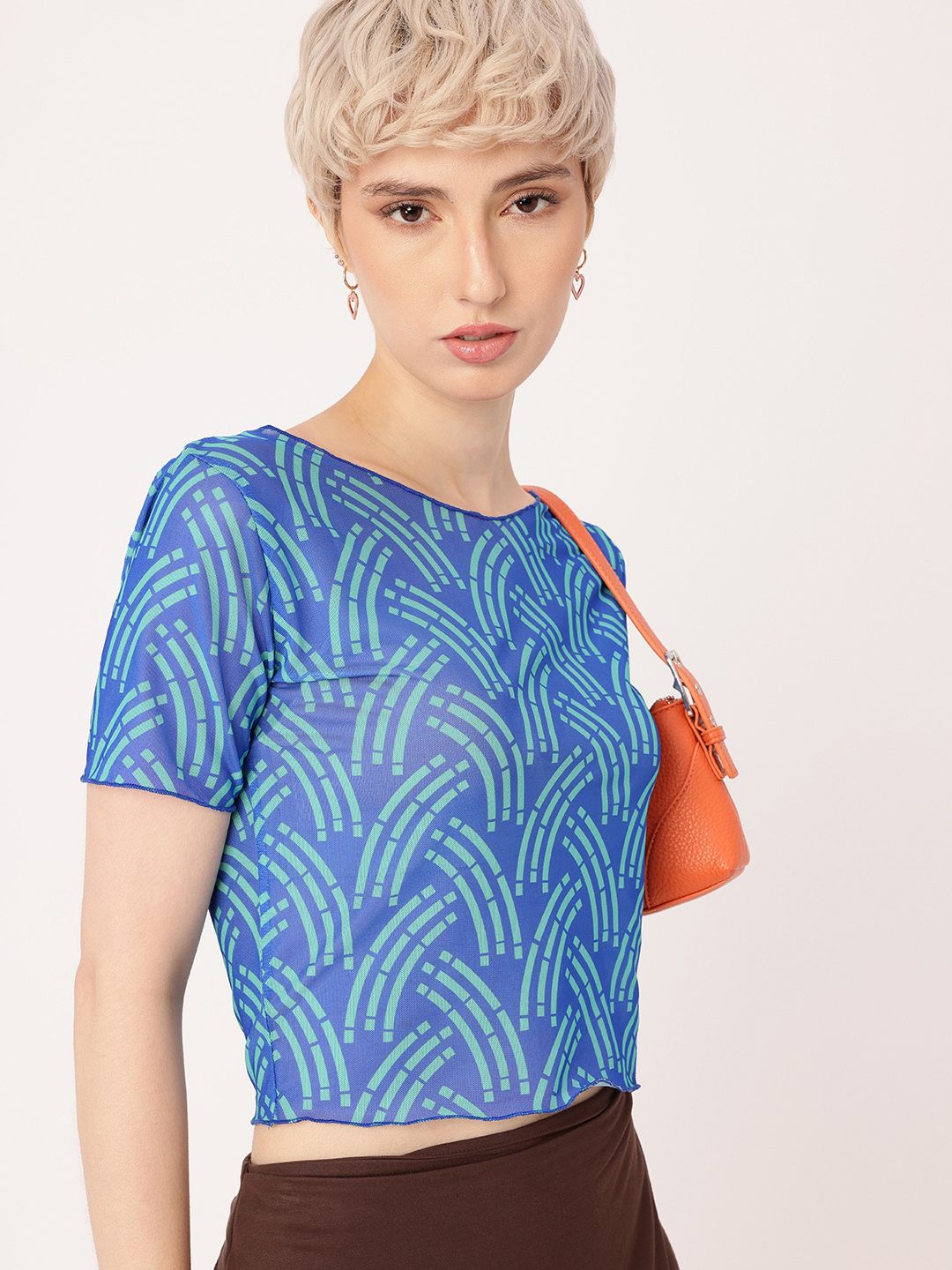 DressBerry Getaway Printed Soft Net Semi Sheer Fitted Crop Top
