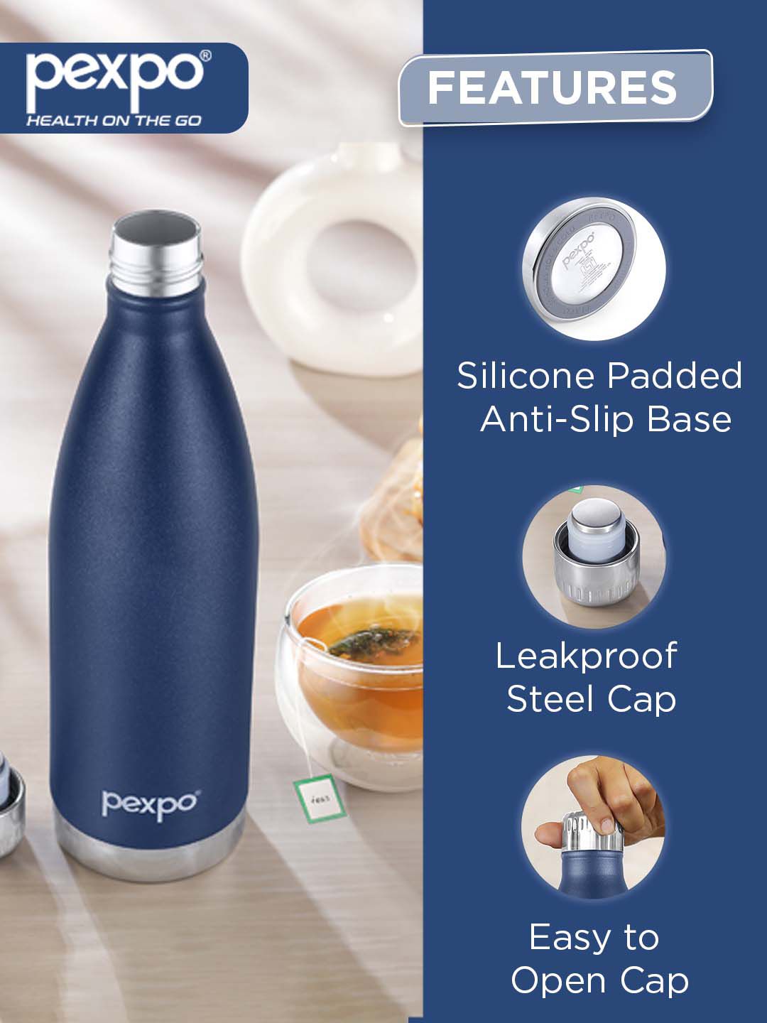 Pexpo Extreme Blue Solid Stainless Steel Double Wall Vacuum Flask - 850ml