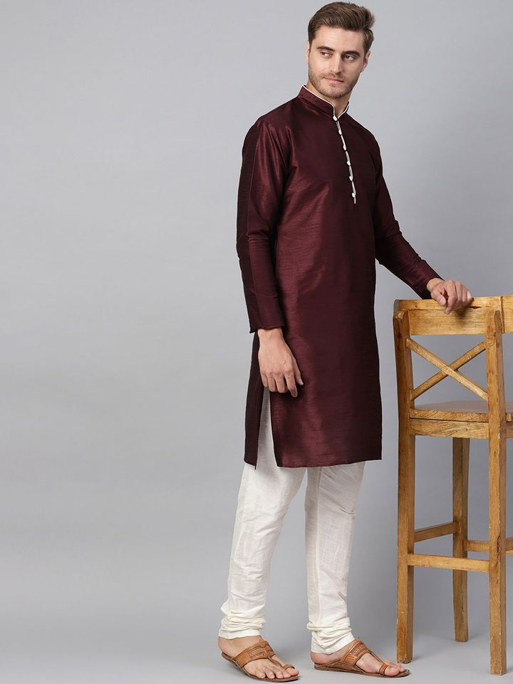 SOJANYA Men Burgundy Solid Straight Kurta