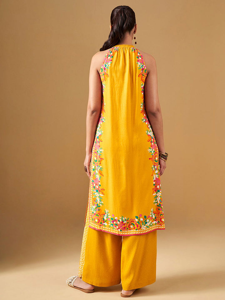 Global Desi Floral Printed Halter Neck Straight Kurta & Palazzo