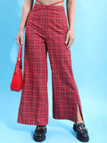 Tokyo Talkies Women Maroon Checked Flared Trousers