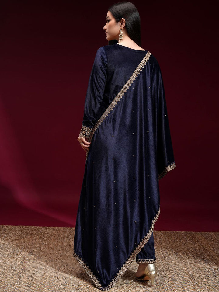 Vishudh Women Embroidered Velvet Straight Kurta with Slim Pants and Dupatta