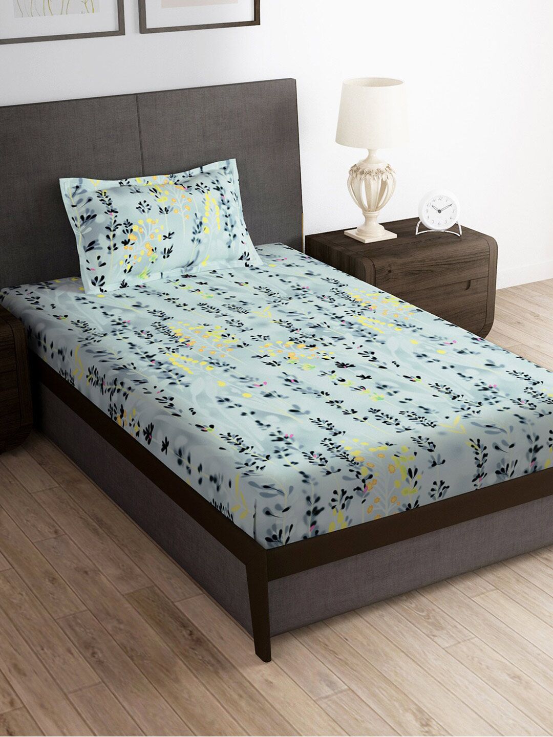 Story@home Grey & Black Floral Microfiber 180 TC Single Bedsheet With 1 Pillow Cover