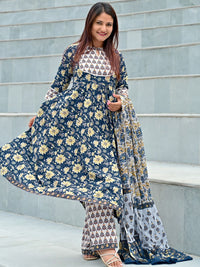 Libas Women Navy Blue Pure Cotton Floral Print Kurta with Palazzos & Dupatta