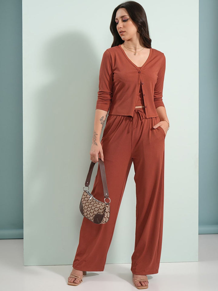 Tokyo Talkies Rust Shoulder Straps Camitop With Cardigan And Trouser
