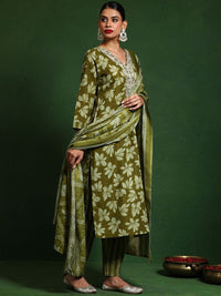 Varanga Floral Printed V-Neck Straight Kurta With Trousers And Dupatta