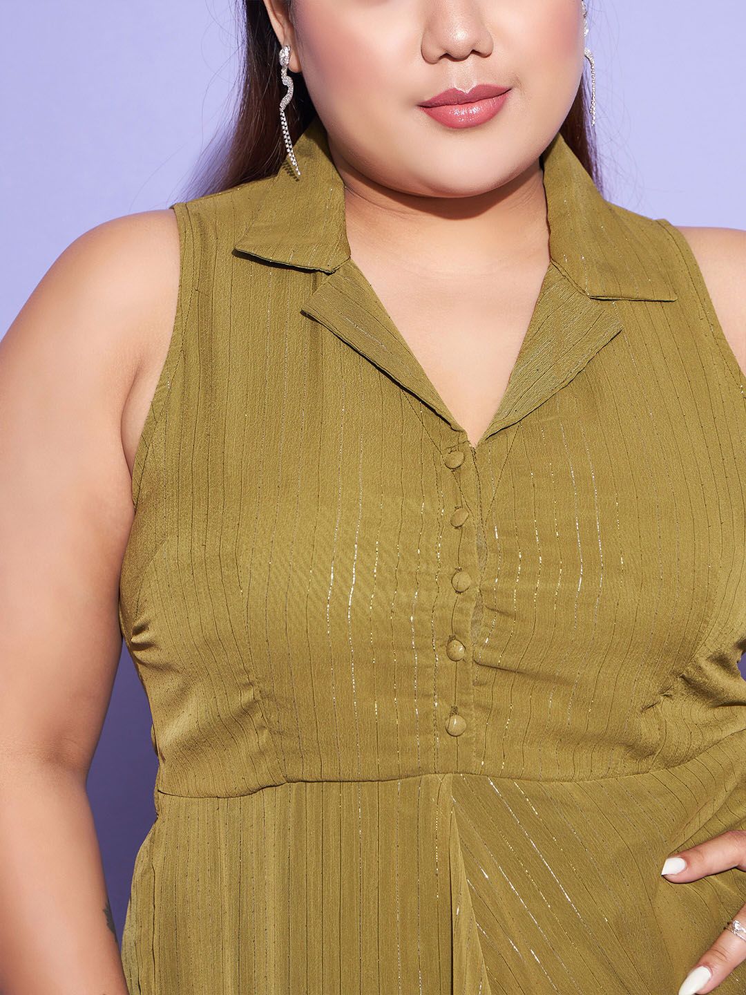 SASSAFRAS Curve Green Plus Size Cuban Collar Sleeveless Maxi Dress