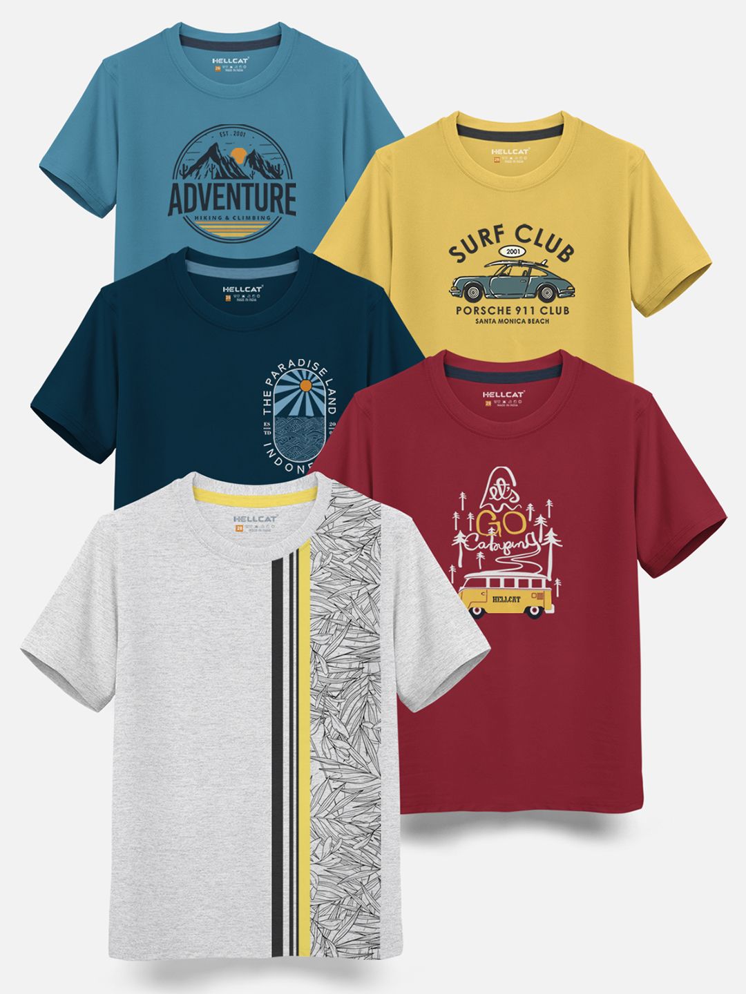 HELLCAT Boys Pack Of 5 Graphic Printed Cotton T-shirt