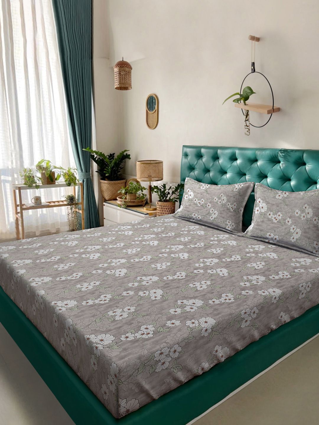 KLOTTHE Grey Floral Printed Dilengkapi 400 TC Kapas Cadar King & 2 Sarung Bantal