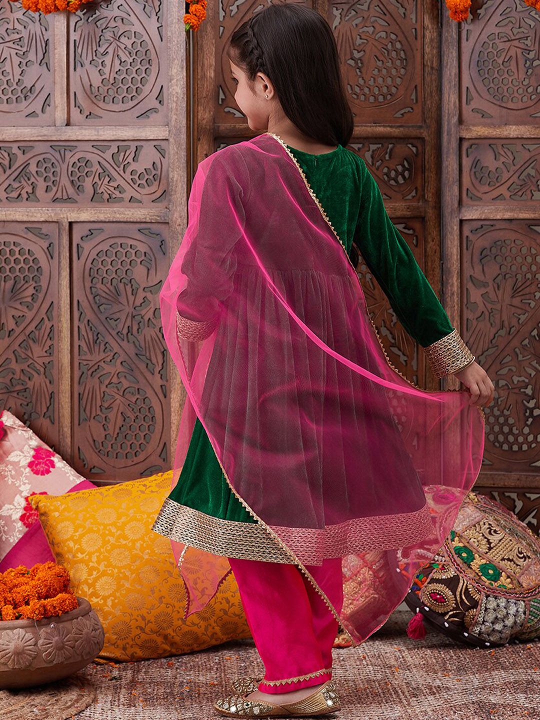 pspeaches Girls Ethnic Motifs Yoke Design Gotta Patti A-Line Kurta With Trouser & Dupatta