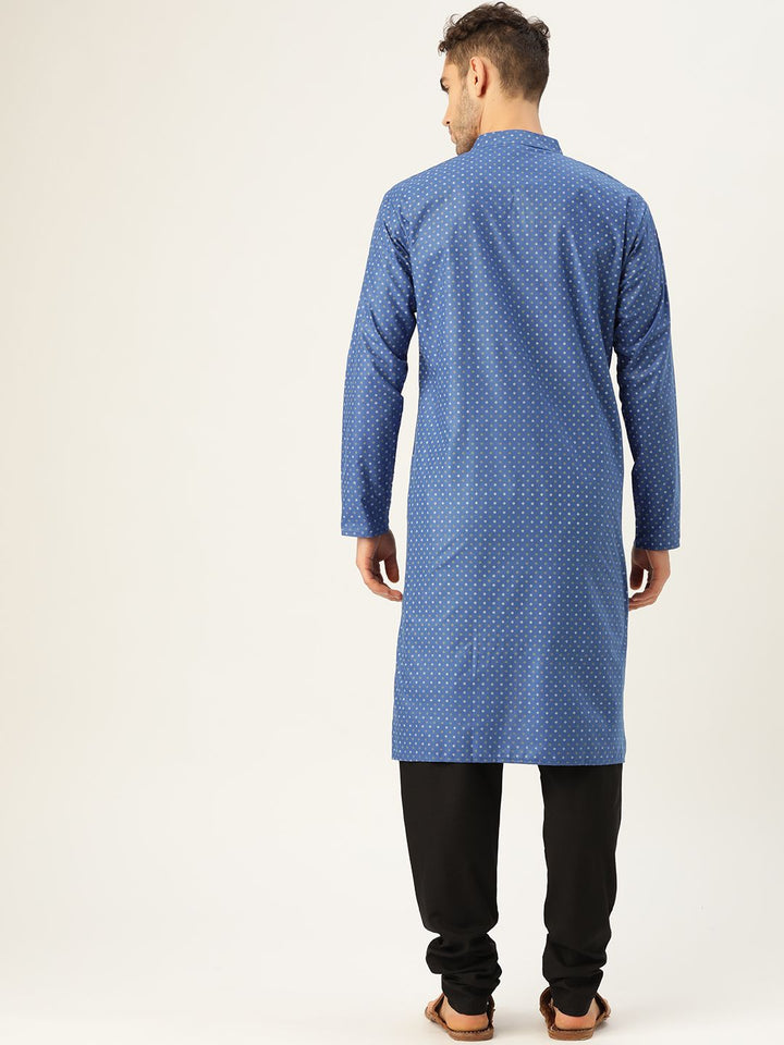 SOJANYA Men Blue & White Printed A-Line High-Low Hem Angrakha Kurta