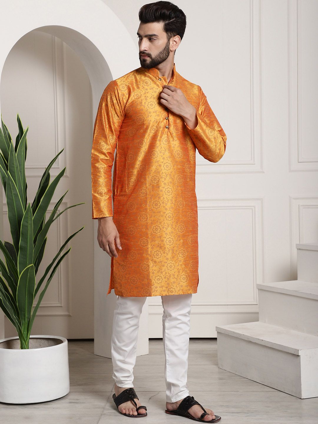 SOJANYA Men Orange & White Ethnic Motifs Printed Regular Kurta with Churidar