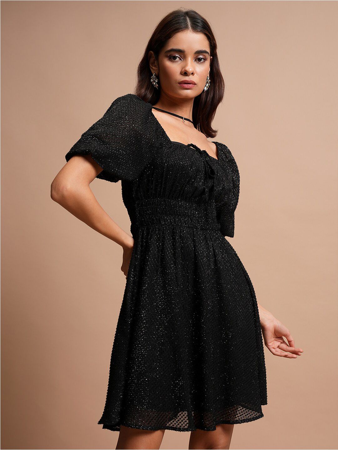 Tokyo Talkies Black Self Design A-Line Dress