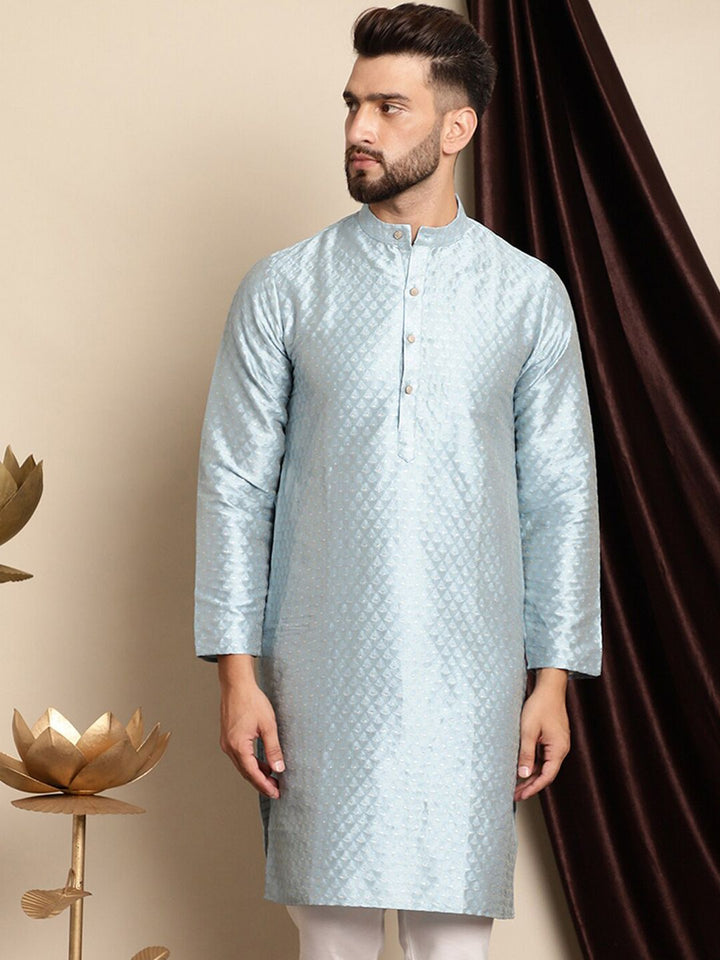 Anouk Blue Ethnic Motif Tenunan Kurta Lurus Kapas Sutera