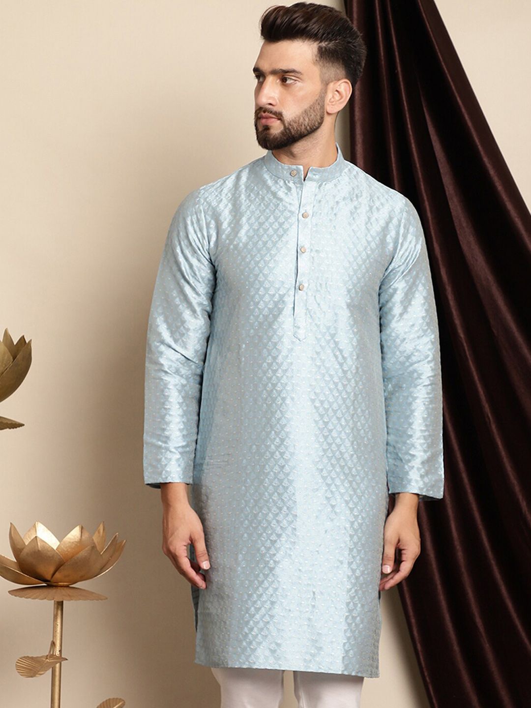 Anouk Blue Ethnic Motif Tenunan Kurta Lurus Kapas Sutera