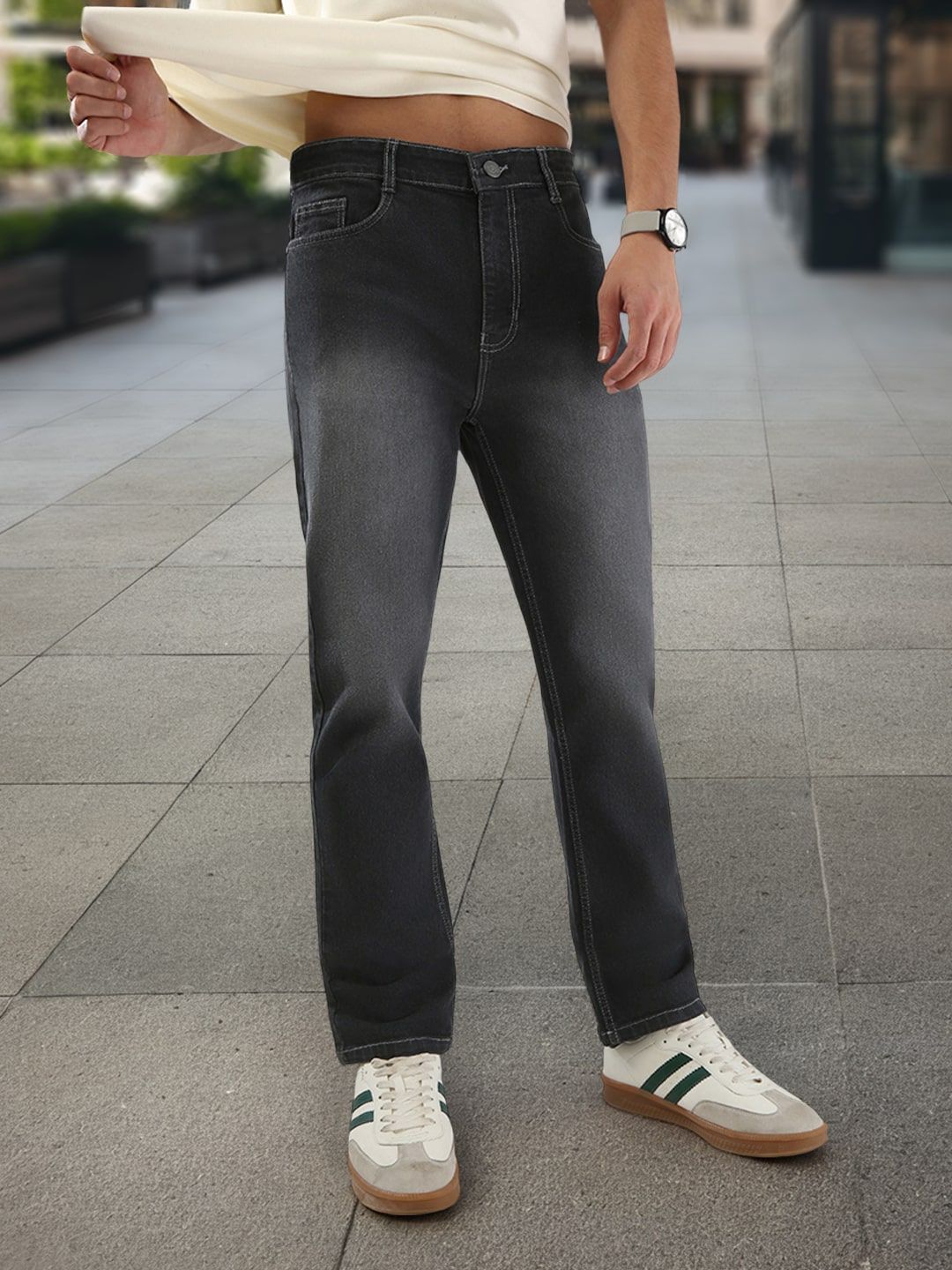 Urbano Fashion Men Dark Grey Straight Fit Washed Jeans