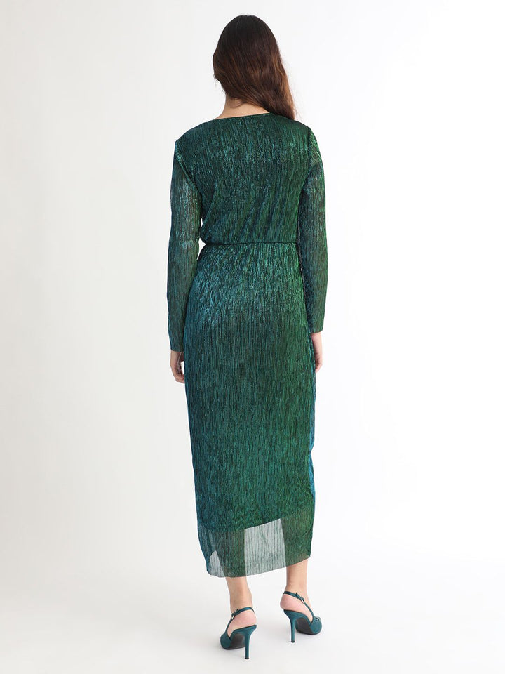 RAREISM V-Neck Long Sleeves Shimmer Wrap Midi Dress