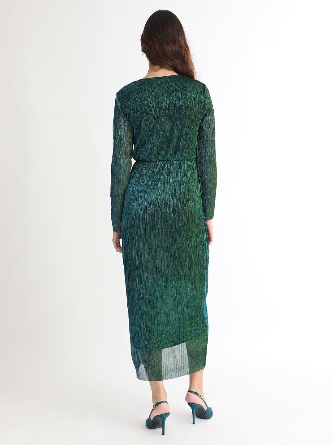 RAREISM V-Neck Long Sleeves Shimmer Wrap Midi Dress