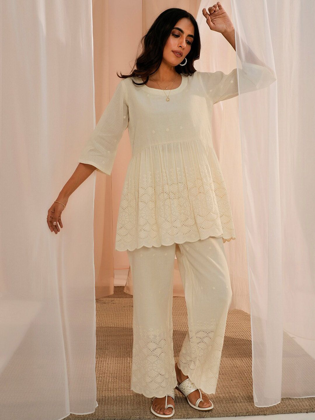 Libas Off White Self Design Round Neck Pure Cotton Flared Anarkali Kurta With Palazzo