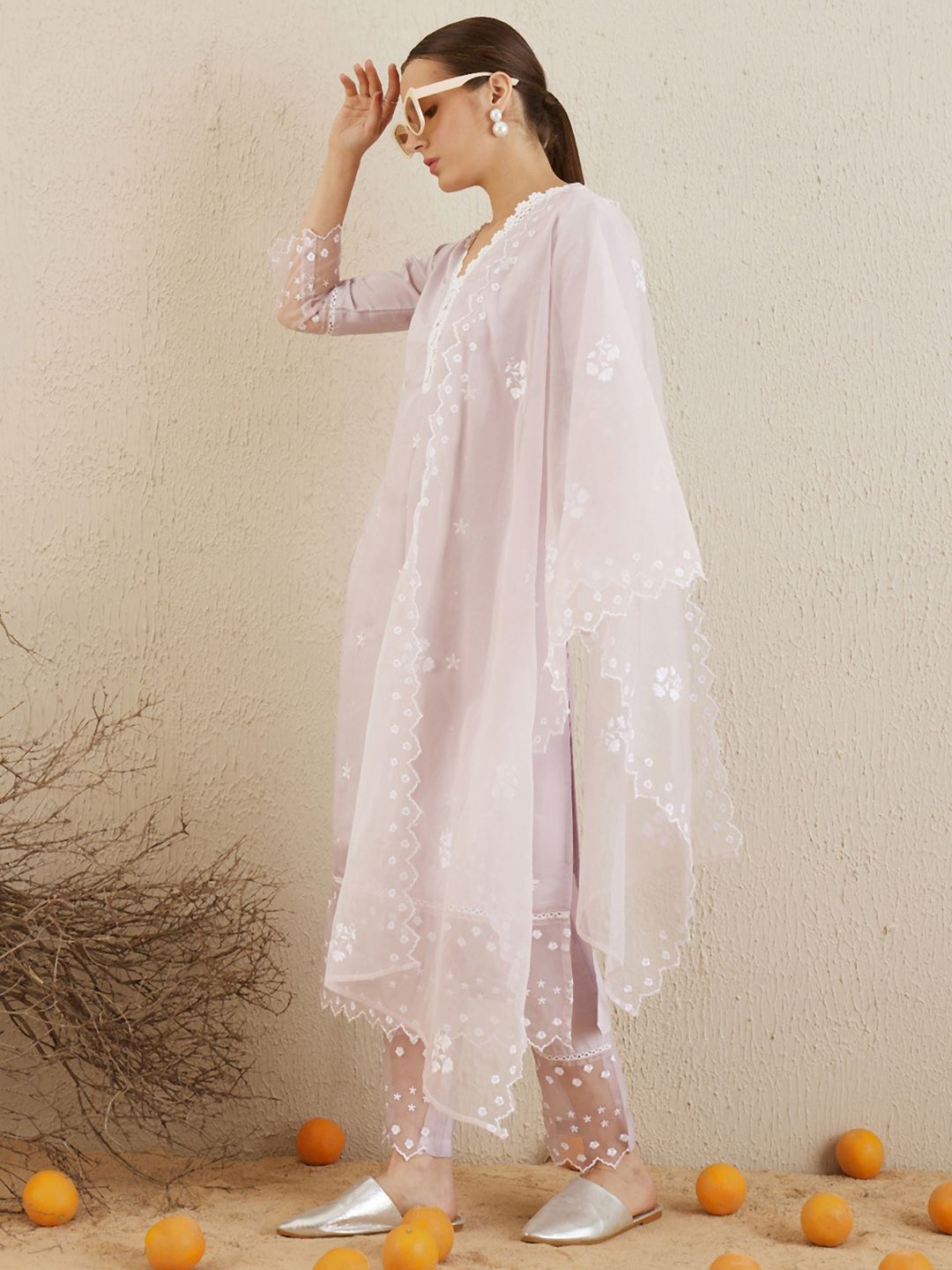 Indo Era Floral Embroidered V-Neck Thread Work Kurta with Trousers & With Dupatta
