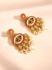Gold-Toned Multi-Coloured Kundan Beaded Pearl Drop Earrings