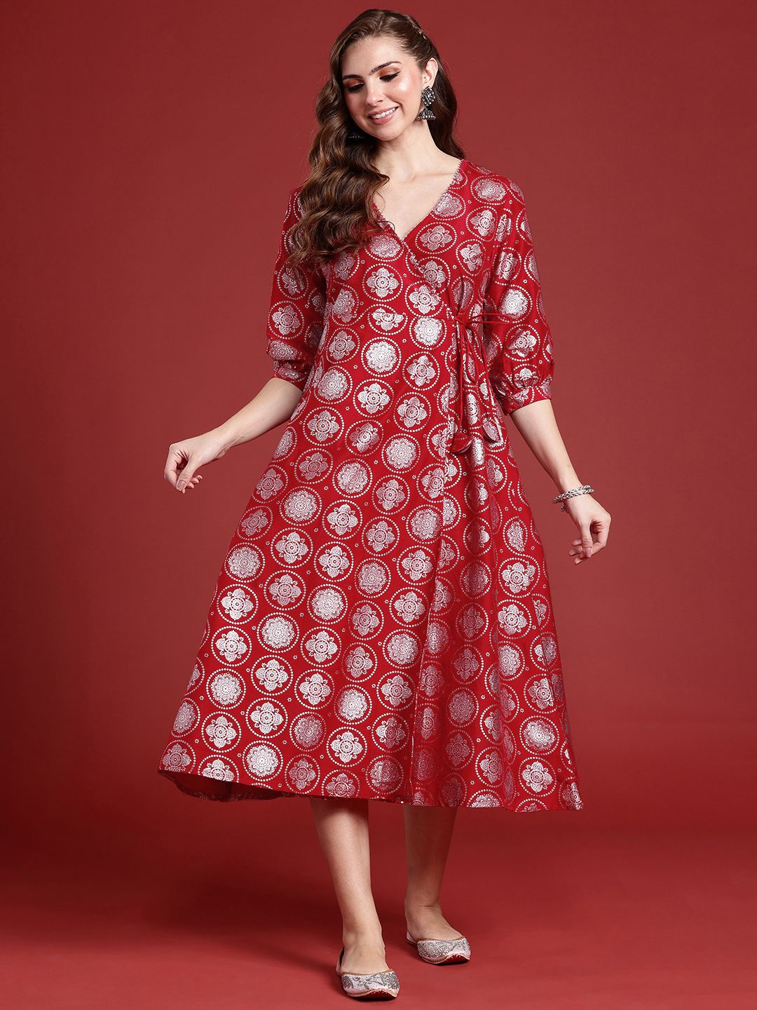 Anouk Ethnic Motifs Foil Printed Wrap Style A-Line Midi Ethnic Dress