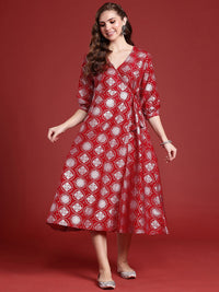 Anouk Ethnic Motifs Foil Printed Wrap Style A-Line Midi Ethnic Dress