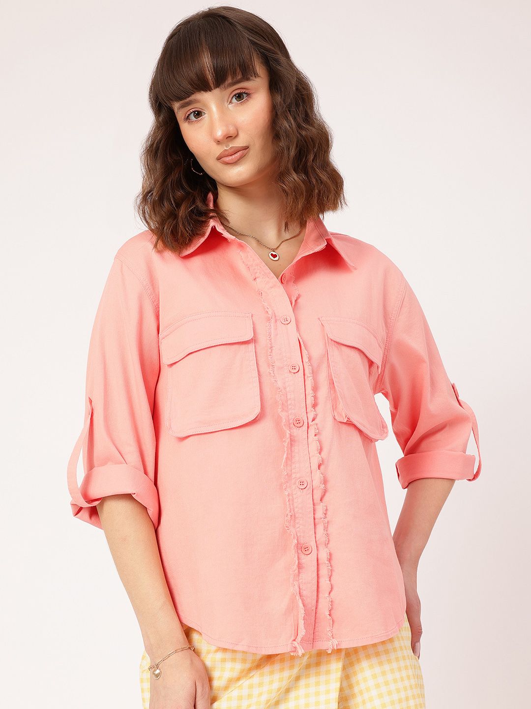 DressBerry Everyday Utility Roll-Up Sleeves Fringed Placket Pockets Shirt